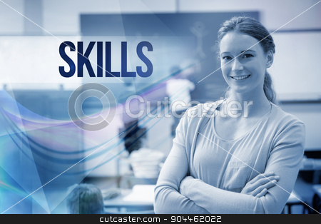 To use this stock image in your creative project, please select the size you need over to the right and click the "Add to Cart" button.
Your downloaded image will come with the Cutcaster watermark removed so don’t worry about the watermark you see on this page. Skills against pretty teacher smiling at camera at back of class stock photo, The word skills against pretty teacher smiling at camera at back of classroom by Wavebreak Media