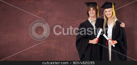 To use this stock image in your creative project, please select the size you need over to the right and click the "Add to Cart" button.
Your downloaded image will come with the Cutcaster watermark removed so don’t worry about the watermark you see on this page. Composite image of two students in graduate robe shoulder to sho stock photo, Two students in graduate robe shoulder to shoulder against desk by Wavebreak Media