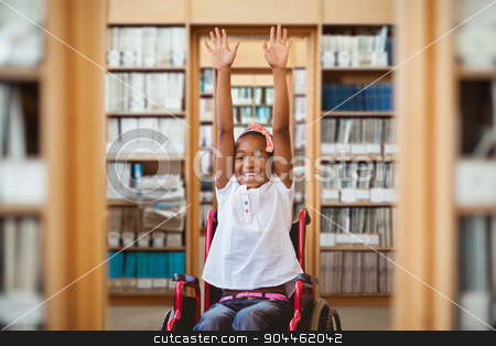 To use this stock image in your creative project, please select the size you need over to the right and click the "Add to Cart" button.
Your downloaded image will come with the Cutcaster watermark removed so don’t worry about the watermark you see on this page. Composite image of girl in wheelchair in school corridor stock photo, Girl in wheelchair in school corridor against library by Wavebreak Media