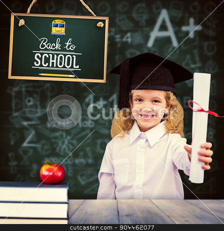 To use this stock image in your creative project, please select the size you need over to the right and click the "Add to Cart" button.
Your downloaded image will come with the Cutcaster watermark removed so don’t worry about the watermark you see on this page. Composite image of smiling schoolgirl with graduation cap and ho stock photo, Smiling schoolgirl with graduation cap and holding her diploma against pale grey wooden planks by Wavebreak Media