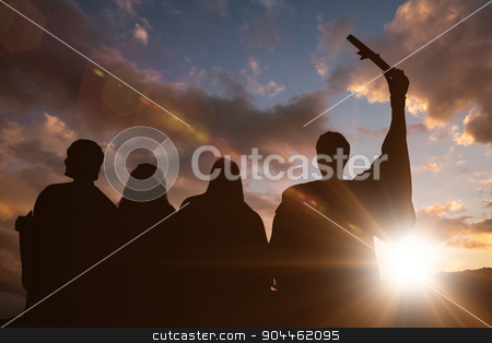 To use this stock image in your creative project, please select the size you need over to the right and click the "Add to Cart" button.
Your downloaded image will come with the Cutcaster watermark removed so don’t worry about the watermark you see on this page. Composite image of silhouette of graduate stock photo, Silhouette of graduate against clouds by Wavebreak Media