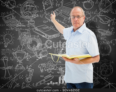 To use this stock image in your creative project, please select the size you need over to the right and click the "Add to Cart" button.
Your downloaded image will come with the Cutcaster watermark removed so don’t worry about the watermark you see on this page. Composite image of teacher holding book and pointing stock photo, Teacher holding book and pointing against black background by Wavebreak Media