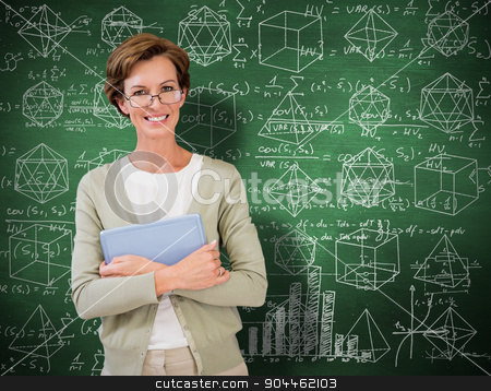 To use this stock image in your creative project, please select the size you need over to the right and click the "Add to Cart" button.
Your downloaded image will come with the Cutcaster watermark removed so don’t worry about the watermark you see on this page. Composite image of teacher holding tablet pc at library stock photo, Teacher holding tablet pc at library against green chalkboard by Wavebreak Media