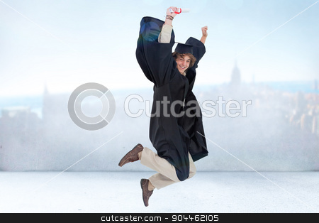 To use this stock image in your creative project, please select the size you need over to the right and click the "Add to Cart" button.
Your downloaded image will come with the Cutcaster watermark removed so don’t worry about the watermark you see on this page. Composite image of happy male student in graduate robe jumping stock photo, Happy male student in graduate robe jumping against city scene in a room by Wavebreak Media