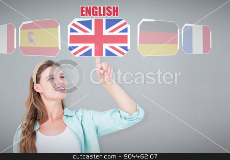To use this stock image in your creative project, please select the size you need over to the right and click the "Add to Cart" button.
Your downloaded image will come with the Cutcaster watermark removed so don’t worry about the watermark you see on this page. Composite image of pretty hipster pointing with her finger stock photo, Pretty hipster pointing with her finger against grey background by Wavebreak Media