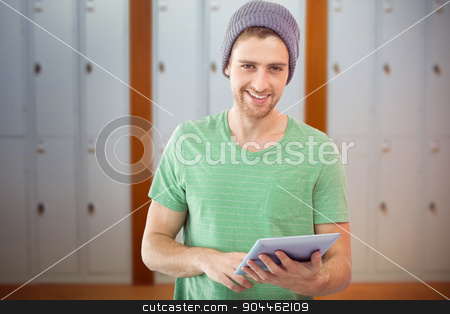 To use this stock image in your creative project, please select the size you need over to the right and click the "Add to Cart" button.
Your downloaded image will come with the Cutcaster watermark removed so don’t worry about the watermark you see on this page. Composite image of student using tablet stock photo, Student using tablet against closed lockers in a row at the college by Wavebreak Media