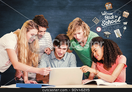 To use this stock image in your creative project, please select the size you need over to the right and click the "Add to Cart" button.
Your downloaded image will come with the Cutcaster watermark removed so don’t worry about the watermark you see on this page. Composite image of college students using laptop in library stock photo, College students using laptop in library against blue chalkboard by Wavebreak Media
