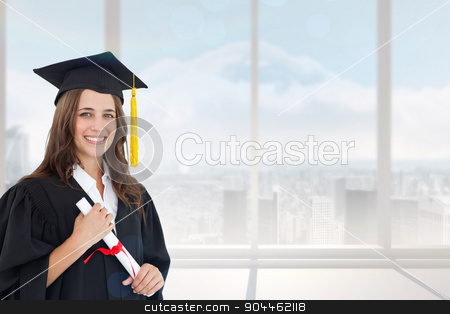 To use this stock image in your creative project, please select the size you need over to the right and click the "Add to Cart" button.
Your downloaded image will come with the Cutcaster watermark removed so don’t worry about the watermark you see on this page. Composite image of a smiling woman with a degree in hand as she stock photo, A smiling woman with a degree in hand as she looks at the camera against bright white room with windows by Wavebreak Media