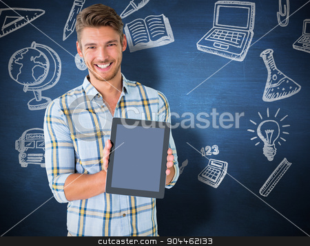 To use this stock image in your creative project, please select the size you need over to the right and click the "Add to Cart" button.
Your downloaded image will come with the Cutcaster watermark removed so don’t worry about the watermark you see on this page. Composite image of young student showing tablet pc stock photo, Young student showing tablet pc against blue chalkboard by Wavebreak Media