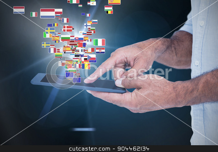 To use this stock image in your creative project, please select the size you need over to the right and click the "Add to Cart" button.
Your downloaded image will come with the Cutcaster watermark removed so don’t worry about the watermark you see on this page. Composite image of a man using tablet computer stock photo, A man using tablet computer against blue background with vignette by Wavebreak Media