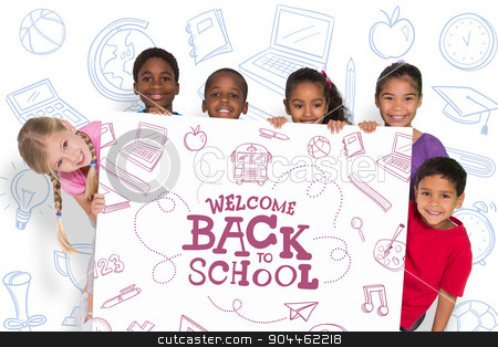 To use this stock image in your creative project, please select the size you need over to the right and click the "Add to Cart" button.
Your downloaded image will come with the Cutcaster watermark removed so don’t worry about the watermark you see on this page. Composite image of elementary pupils showing card stock photo, Elementary pupils showing card against back to school by Wavebreak Media