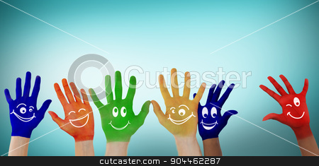 To use this stock image in your creative project, please select the size you need over to the right and click the "Add to Cart" button.
Your downloaded image will come with the Cutcaster watermark removed so don’t worry about the watermark you see on this page. Composite image of hands with colourful smiley faces stock photo, Hands with colourful smiley faces against blue vignette background by Wavebreak Media
