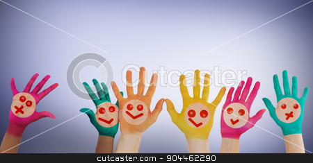 To use this stock image in your creative project, please select the size you need over to the right and click the "Add to Cart" button.
Your downloaded image will come with the Cutcaster watermark removed so don’t worry about the watermark you see on this page. Composite image of hands with colourful smiley faces stock photo, Hands with colourful smiley faces against purple vignette by Wavebreak Media