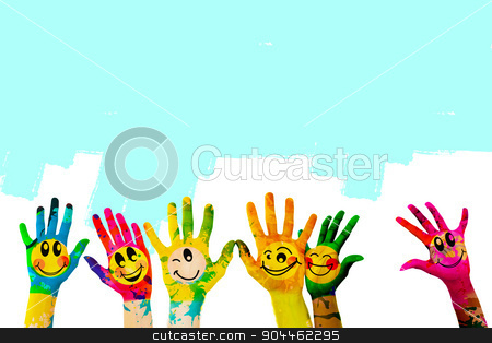 To use this stock image in your creative project, please select the size you need over to the right and click the "Add to Cart" button.
Your downloaded image will come with the Cutcaster watermark removed so don’t worry about the watermark you see on this page. Composite image of hands with colourful smiley faces stock photo, Hands with colourful smiley faces against blue vignette background by Wavebreak Media