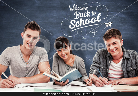 To use this stock image in your creative project, please select the size you need over to the right and click the "Add to Cart" button.
Your downloaded image will come with the Cutcaster watermark removed so don’t worry about the watermark you see on this page. Composite image of students doing work together as they all look stock photo, Students doing work together as they all look into the camera against blue chalkboard by Wavebreak Media