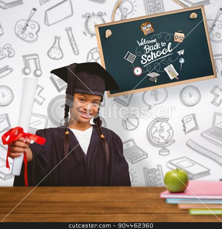 To use this stock image in your creative project, please select the size you need over to the right and click the "Add to Cart" button.
Your downloaded image will come with the Cutcaster watermark removed so don’t worry about the watermark you see on this page. Composite image of cute pupil in graduation robe stock photo, Cute pupil in graduation robe against overhead of wooden planks by Wavebreak Media