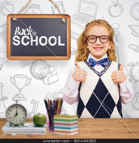 To use this stock image in your creative project, please select the size you need over to the right and click the "Add to Cart" button.
Your downloaded image will come with the Cutcaster watermark removed so don’t worry about the watermark you see on this page. Composite image of cute pupil with thumbs up stock photo, Cute pupil with thumbs up against bleached wooden planks background by Wavebreak Media
