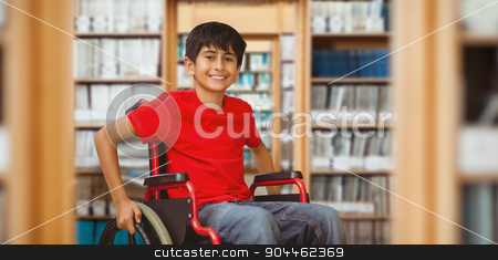 To use this stock image in your creative project, please select the size you need over to the right and click the "Add to Cart" button.
Your downloaded image will come with the Cutcaster watermark removed so don’t worry about the watermark you see on this page. Composite image of portrait of boy sitting in wheelchair stock photo, Portrait of boy sitting in wheelchair against library by Wavebreak Media