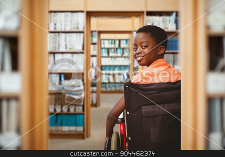 To use this stock image in your creative project, please select the size you need over to the right and click the "Add to Cart" button.
Your downloaded image will come with the Cutcaster watermark removed so don’t worry about the watermark you see on this page. Composite image of portrait of cute boy sitting in wheelchair stock photo, Portrait of cute boy sitting in wheelchair against library by Wavebreak Media