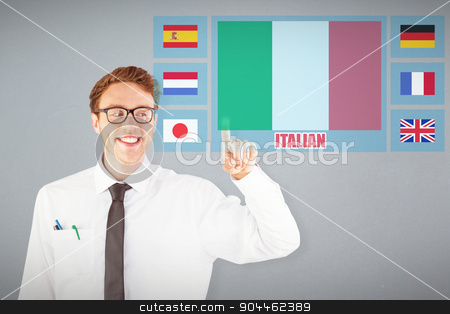 To use this stock image in your creative project, please select the size you need over to the right and click the "Add to Cart" button.
Your downloaded image will come with the Cutcaster watermark removed so don’t worry about the watermark you see on this page. Composite image of geeky businessman smiling and pointing stock photo, Geeky businessman smiling and pointing against grey background by Wavebreak Media