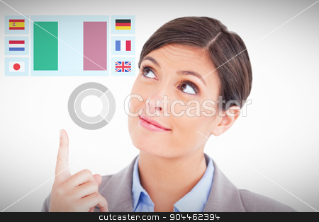 To use this stock image in your creative project, please select the size you need over to the right and click the "Add to Cart" button.
Your downloaded image will come with the Cutcaster watermark removed so don’t worry about the watermark you see on this page. Composite image of close up of female entrepreneur pointing and stock photo, Close up of female entrepreneur pointing and looking up against white background with vignette by Wavebreak Media