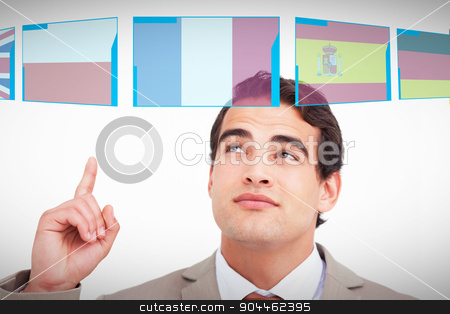 To use this stock image in your creative project, please select the size you need over to the right and click the "Add to Cart" button.
Your downloaded image will come with the Cutcaster watermark removed so don’t worry about the watermark you see on this page. Composite image of close up of salesman looking and pointing up stock photo, Close up of salesman looking and pointing up against white background with vignette by Wavebreak Media
