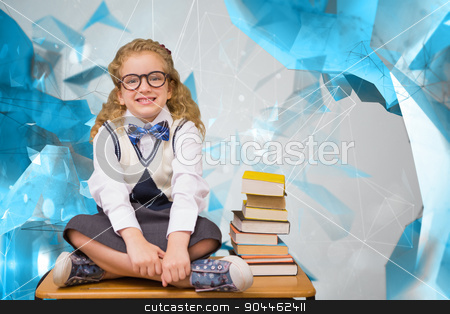 To use this stock image in your creative project, please select the size you need over to the right and click the "Add to Cart" button.
Your downloaded image will come with the Cutcaster watermark removed so don’t worry about the watermark you see on this page. Composite image of cute pupil sitting on table stock photo, Cute pupil sitting on table against angular design by Wavebreak Media