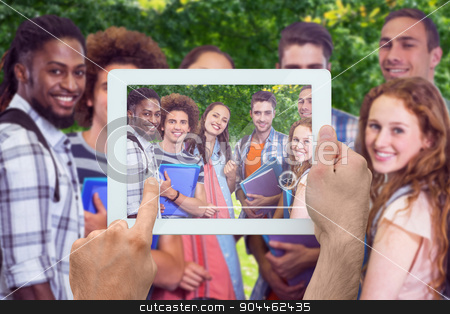 To use this stock image in your creative project, please select the size you need over to the right and click the "Add to Cart" button.
Your downloaded image will come with the Cutcaster watermark removed so don’t worry about the watermark you see on this page. Composite image of hand holding tablet pc stock photo, Hand holding tablet pc against park by Wavebreak Media