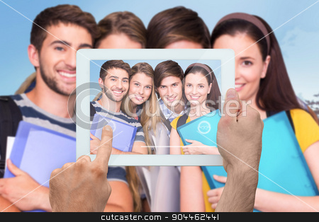To use this stock image in your creative project, please select the size you need over to the right and click the "Add to Cart" button.
Your downloaded image will come with the Cutcaster watermark removed so don’t worry about the watermark you see on this page. Composite image of hand holding tablet pc stock photo, Hand holding tablet pc against park on sunny day by Wavebreak Media