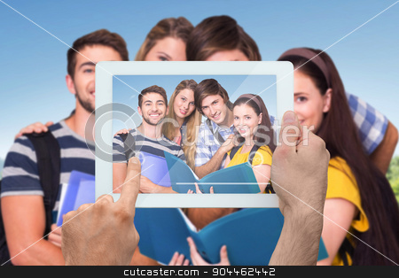 To use this stock image in your creative project, please select the size you need over to the right and click the "Add to Cart" button.
Your downloaded image will come with the Cutcaster watermark removed so don’t worry about the watermark you see on this page. Composite image of hand holding tablet pc stock photo, Hand holding tablet pc against park on sunny day by Wavebreak Media