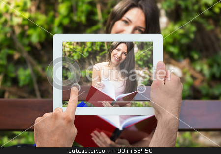 To use this stock image in your creative project, please select the size you need over to the right and click the "Add to Cart" button.
Your downloaded image will come with the Cutcaster watermark removed so don’t worry about the watermark you see on this page. Composite image of hand holding tablet pc stock photo, Hand holding tablet pc against pretty student studying outside on campus by Wavebreak Media
