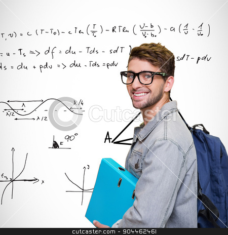 To use this stock image in your creative project, please select the size you need over to the right and click the "Add to Cart" button.
Your downloaded image will come with the Cutcaster watermark removed so don’t worry about the watermark you see on this page. Composite image of student smiling at camera in library stock photo, Student smiling at camera in library against maths equations by Wavebreak Media
