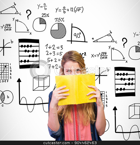 To use this stock image in your creative project, please select the size you need over to the right and click the "Add to Cart" button.
Your downloaded image will come with the Cutcaster watermark removed so don’t worry about the watermark you see on this page. Composite image of student covering face with book in library stock photo, Student covering face with book in library against math by Wavebreak Media