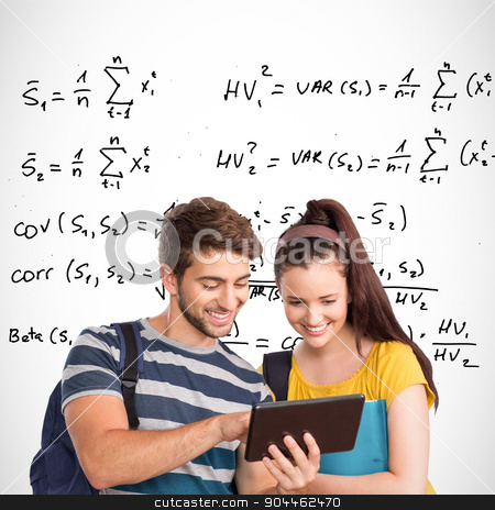 To use this stock image in your creative project, please select the size you need over to the right and click the "Add to Cart" button.
Your downloaded image will come with the Cutcaster watermark removed so don’t worry about the watermark you see on this page. Composite image of happy students using tablet pc stock photo, Happy students using tablet pc against maths equations by Wavebreak Media