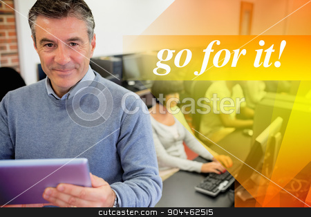 To use this stock image in your creative project, please select the size you need over to the right and click the "Add to Cart" button.
Your downloaded image will come with the Cutcaster watermark removed so don’t worry about the watermark you see on this page. Go for it! against teacher holding a tablet pc stock photo, The word go for it! against teacher holding a tablet pc by Wavebreak Media