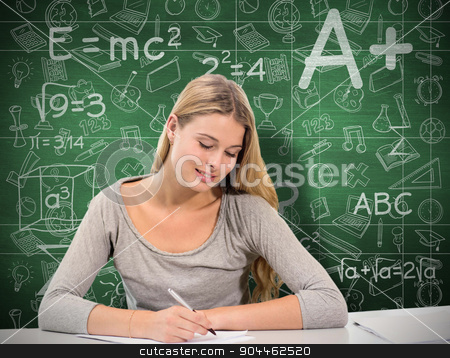 To use this stock image in your creative project, please select the size you need over to the right and click the "Add to Cart" button.
Your downloaded image will come with the Cutcaster watermark removed so don’t worry about the watermark you see on this page. Composite image of student working stock photo, Student working against green chalkboard by Wavebreak Media