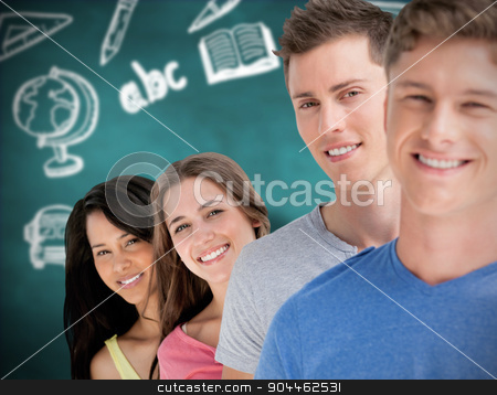 To use this stock image in your creative project, please select the size you need over to the right and click the "Add to Cart" button.
Your downloaded image will come with the Cutcaster watermark removed so don’t worry about the watermark you see on this page. Composite image of four people standing in a line with each pers stock photo, Four people standing in a line with each person angled out a little more against green chalkboard by Wavebreak Media
