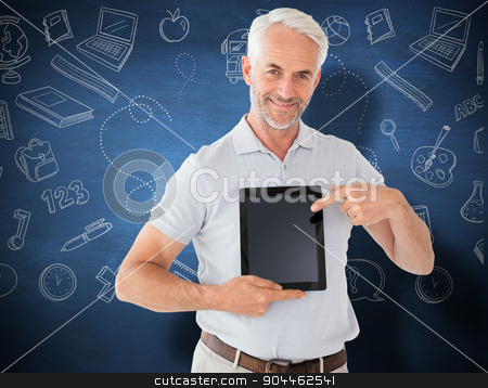 To use this stock image in your creative project, please select the size you need over to the right and click the "Add to Cart" button.
Your downloaded image will come with the Cutcaster watermark removed so don’t worry about the watermark you see on this page. Composite image of mature student showing tablet pc stock photo, Mature student showing tablet pc against blue chalkboard by Wavebreak Media