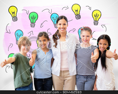 To use this stock image in your creative project, please select the size you need over to the right and click the "Add to Cart" button.
Your downloaded image will come with the Cutcaster watermark removed so don’t worry about the watermark you see on this page. Composite image of cute pupils and teacher smiling at camera in stock photo, Cute pupils and teacher smiling at camera in computer class against white background with vignette by Wavebreak Media