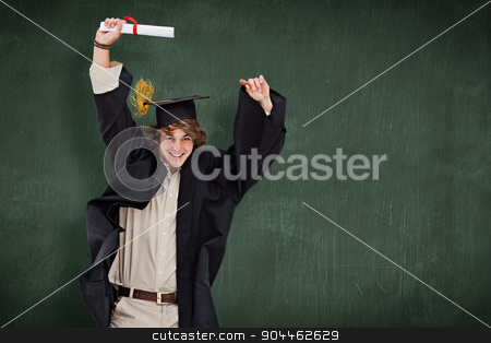 To use this stock image in your creative project, please select the size you need over to the right and click the "Add to Cart" button.
Your downloaded image will come with the Cutcaster watermark removed so don’t worry about the watermark you see on this page. Composite image of male student in graduate robe jumping stock photo, Male student in graduate robe jumping against green chalkboard by Wavebreak Media