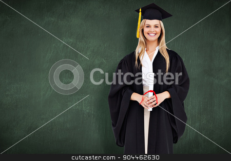To use this stock image in your creative project, please select the size you need over to the right and click the "Add to Cart" button.
Your downloaded image will come with the Cutcaster watermark removed so don’t worry about the watermark you see on this page. Composite image of smiling blonde student in graduate robe stock photo, Smiling blonde student in graduate robe against green chalkboard by Wavebreak Media