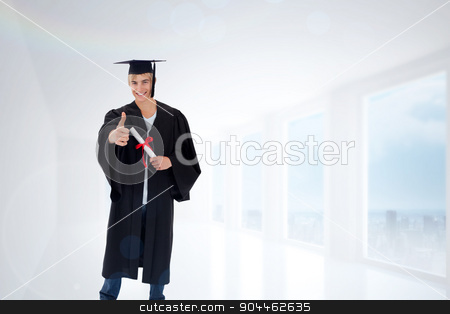 To use this stock image in your creative project, please select the size you need over to the right and click the "Add to Cart" button.
Your downloaded image will come with the Cutcaster watermark removed so don’t worry about the watermark you see on this page. Composite image of happy teen guy celebrating graduation stock photo, Happy Teen Guy Celebrating Graduation against bright white hall with columns by Wavebreak Media