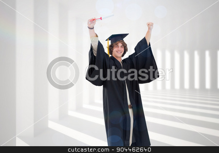To use this stock image in your creative project, please select the size you need over to the right and click the "Add to Cart" button.
Your downloaded image will come with the Cutcaster watermark removed so don’t worry about the watermark you see on this page. Composite image of male student in graduate robe raising his arm stock photo, Male student in graduate robe raising his arms against curved white room by Wavebreak Media