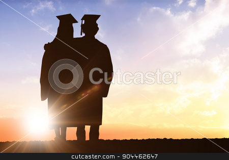 To use this stock image in your creative project, please select the size you need over to the right and click the "Add to Cart" button.
Your downloaded image will come with the Cutcaster watermark removed so don’t worry about the watermark you see on this page. Composite image of silhouette of graduate stock photo, Silhouette of graduate against a sun set by Wavebreak Media