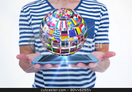 To use this stock image in your creative project, please select the size you need over to the right and click the "Add to Cart" button.
Your downloaded image will come with the Cutcaster watermark removed so don’t worry about the watermark you see on this page. Composite image of close up of man holding tablet stock photo, Close up of man holding tablet against sphere made of flags by Wavebreak Media