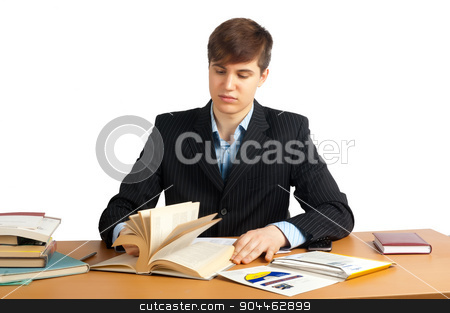 To use this stock image in your creative project, please select the size you need over to the right and click the "Add to Cart" button.
Your downloaded image will come with the Cutcaster watermark removed so don’t worry about the watermark you see on this page. cute man reading book at table stock photo, young businessman reading a book isolated on white background by Aikon