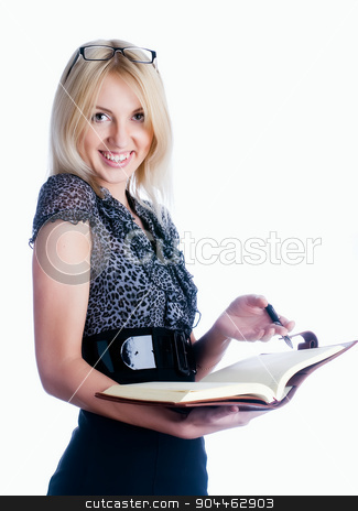 To use this stock image in your creative project, please select the size you need over to the right and click the "Add to Cart" button.
Your downloaded image will come with the Cutcaster watermark removed so don’t worry about the watermark you see on this page. Pretty woman with daily log stock photo, Attractive young lady with diary over white background.. by Aikon