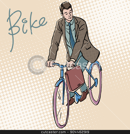 To use this stock image in your creative project, please select the size you need over to the right and click the "Add to Cart" button.
Your downloaded image will come with the Cutcaster watermark removed so don’t worry about the watermark you see on this page. Businessman on Bicycle retro style pop art stock vector clipart, Businessman on Bicycle retro style pop art. White adult male goes to work by rogistok
