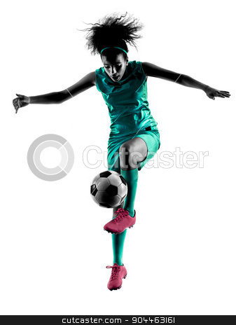 To use this stock image in your creative project, please select the size you need over to the right and click the "Add to Cart" button.
Your downloaded image will come with the Cutcaster watermark removed so don’t worry about the watermark you see on this page. teenager girl child soccer player isolated silhouette stock photo, one teenager girl child playing soccer player in silhouette isolated on white background by Ishadow