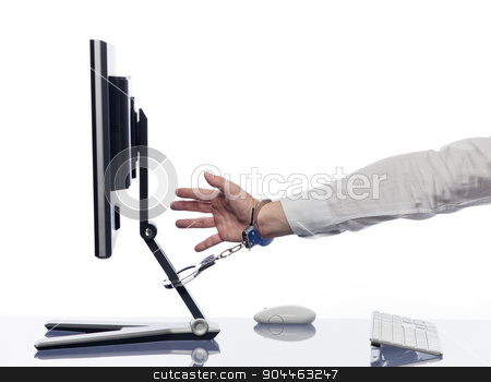 To use this stock image in your creative project, please select the size you need over to the right and click the "Add to Cart" button.
Your downloaded image will come with the Cutcaster watermark removed so don’t worry about the watermark you see on this page. Hand chained to computer with handcuffs stock photo, hand chained to computer with handcuffs addiction expression concept isolated studio on white background by Ishadow